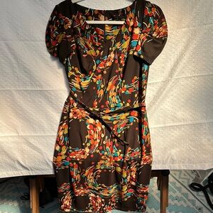 David Meister Brown and Black Puff Sleeve A-line Midi Dress